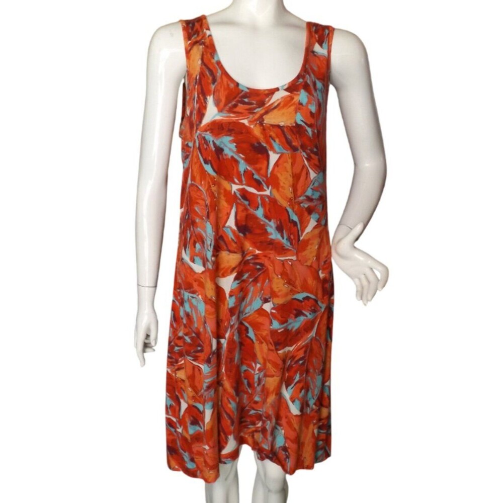 TOMMY BAHAMA Tank Dress, L, Leaf Print, Red-Orange & Blue, Sleeveless, Jersey